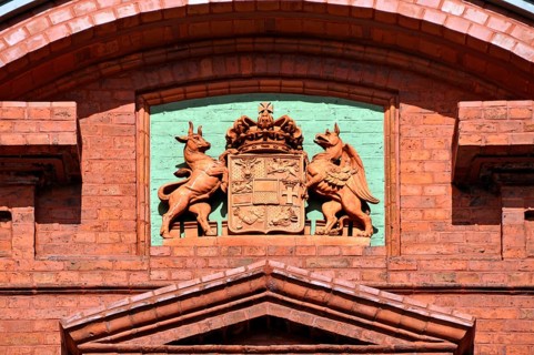 Coat of arms of the Free State of Mecklenburg-Schwerin on the City Hall