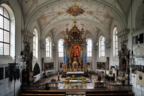 Altar room with a vaulted ceiling of the Parish Church and Pilgrimage Church of the Assumption of Mary