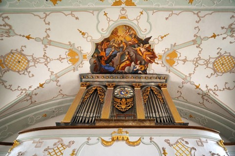 Organ and ceiling fresco in the Parish Church and Pilgrimage Church of the Assumption of Mary