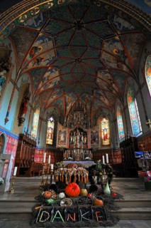 Thanksgiving decoration in front of the altar in the neo-Gothic Parish Church of St. Pelagius