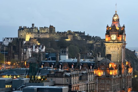 View of the historic centre from Calton Hill with Edinburgh Castle and the tower of the Balmoral Hotel