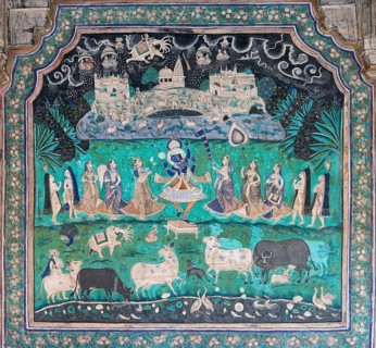 Pastoral god Krishna performing a miracle and lifting the Govardhan Mountain in the sky