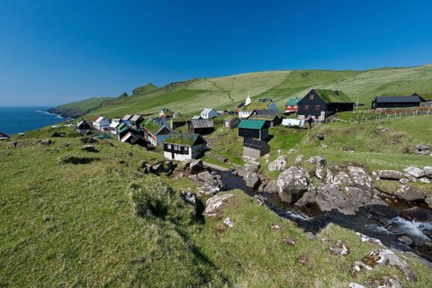 Village with houses mostly in the traditional Faroese style