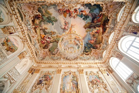 Ceiling frescoes and chandeliers at Schloss Nymphenburg Palace