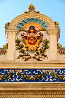 Zsolnay architectural ornament on the old Zoltan Csukas furniture business