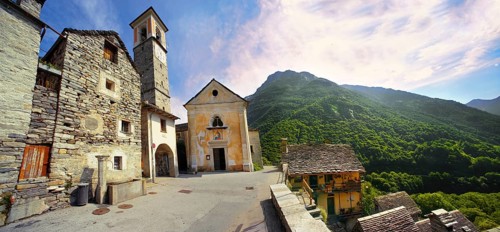 Rustic mountain peasant village of Corippo with stone houses and church