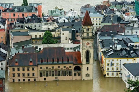 Historic town centre with the Town Hall and Hotel Wilder Mann during the flood on 3rd June 2013