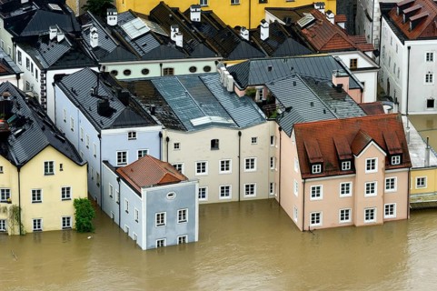 Flooded houses in the historic town centre alongside the Danube River during the floods on 3rd June 2013