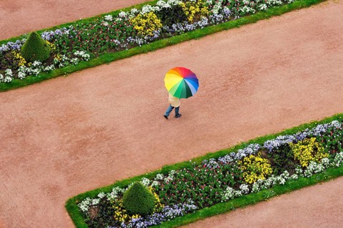 Person with an umbrella in rainbow colours on a red dirt road between flowerbeds in the Palace Gardens
