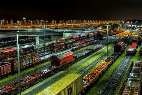 Parked goods wagons on the tracks of the Maschen marshalling yard at night