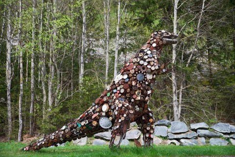 Dinosaur sculpture made from old clocks