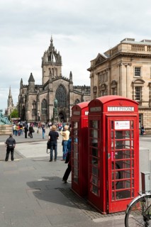 Red telephone boxes in the historic town centre