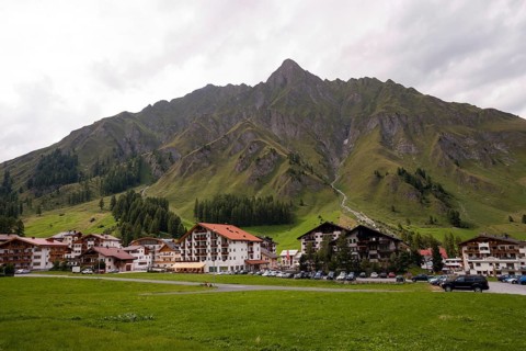 View of the village Samnaun with Mt Piz Ot
