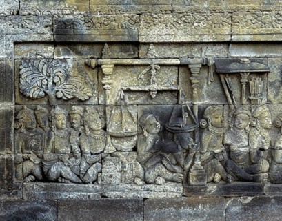 Detail of a wall relief of the temple complex of Borobudur