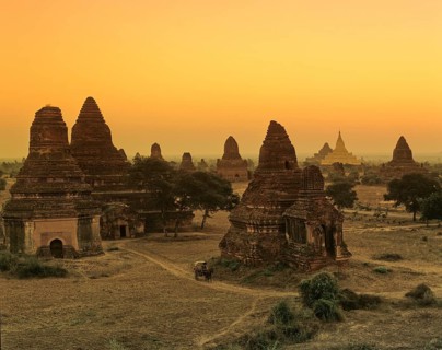 Field with ruins of Buddhist pagodas and temples