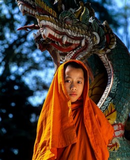 Buddhist novice in front of a Naga figure