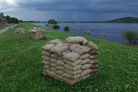 Sandbags on a dyke during a flood