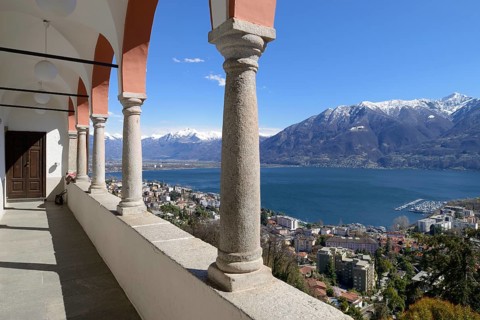 View from the terrace of the Sanctuary of the Madonna del Sasso or Our Lady of the Rock over Locarno and Lake Maggiore