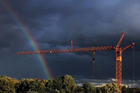Crane in front of a rainbow