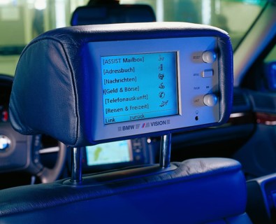 Headrest in a BMW with a built-in monitor with internet access