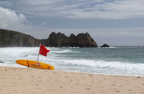 Red flag on Porthcurno beach