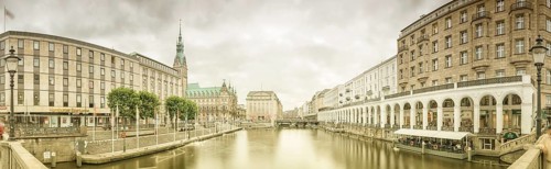 Panorama of Little Lake Alster with City Hall and the Alster Arcades