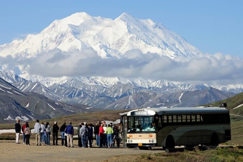 The Wilderness Tour Bus of the Denali National Park and Preserve is stopping at the Stony Hill observation point with views of Mt McKinley