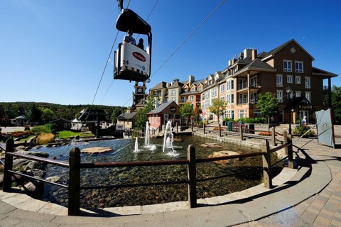 Cable car running across the pedestrian area of ??Mont-Tremblant