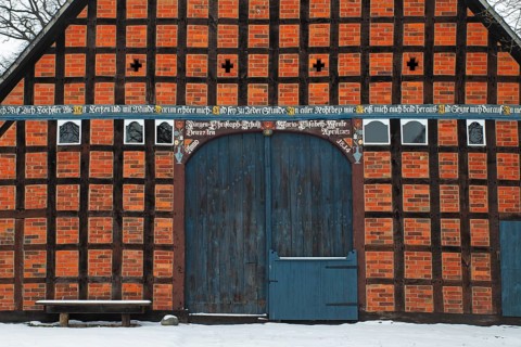 Historic Lower Saxon half-timbered house at rundling village of Jabel