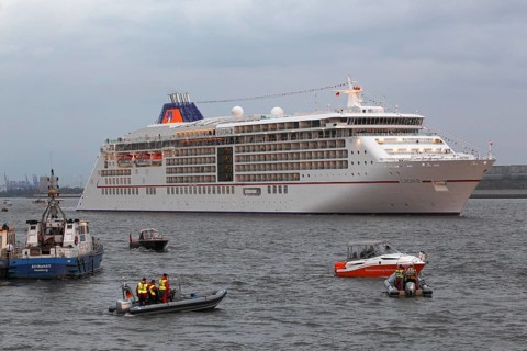 New cruise ship Europa 2 from the Hapag-Lloyd shipping company on the way to the naming ceremony on the Elbe River during the Hamburg Harbour Birthday celebrations