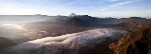 Morning fog in the Tengger Caldera with Mount Bromo volcano