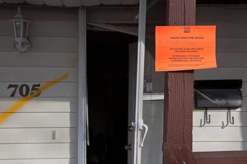 Unsafe Structure Notice on house severely damaged by Hurricane Sandy