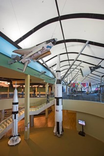 Models of the Saturn 1B (left) and the Saturn V rockets on display at NASA's Infinity Science Center. Infinity contains exhibits on 50 years of space exploration and offers bus tours of the nearby Ste...