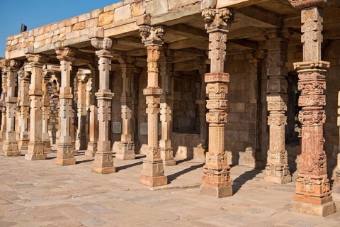 Islamic mosque with columns built from destroyed Hindu temples