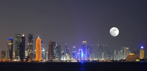 Night skyline of Doha with the Al Bidda Tower