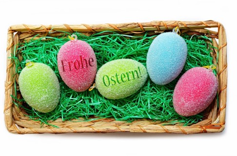Colorful Easter eggs in an Easter basket