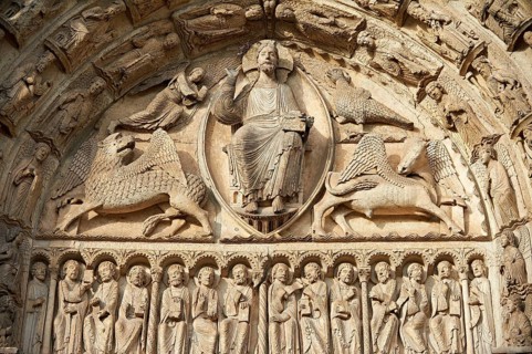 Gothic sculptures of Christ Pantocrator surrounded by the four Evangelist symbols