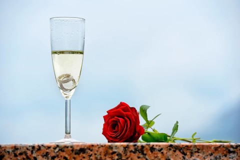 Wedding rings and red rose in a champagne glass