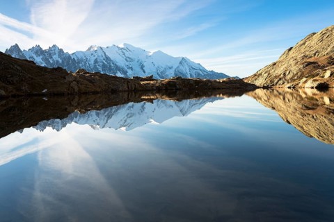 Evening light at Lac de Chesserys with mountains behind of Chamonix