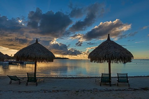 Parasols and sun loungers on the beach