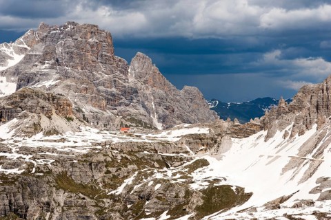 Rifugio Locatelli alle Tre Cime or Drei Zinnen Hutte and mountain Lastron dei Scarperi or Schusterplatte