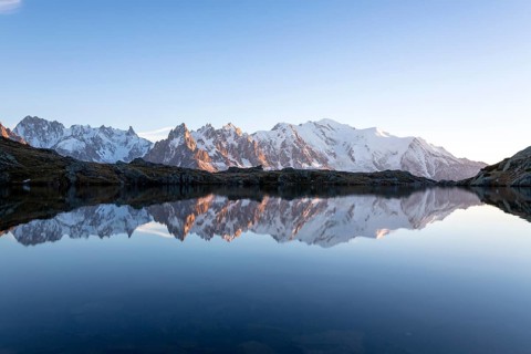 Evening light at Lac de Chesserys with mountains behind of Chamonix