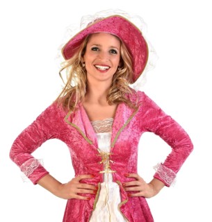 Young blonde woman wearing a pink and white costume