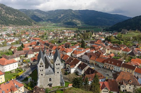 View from St Peter's Church onto the village with the Parish Church of St. Barthlma