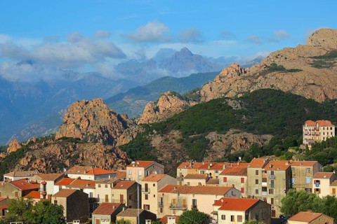 Mountains of the Alta Rocca with the city of Sartene