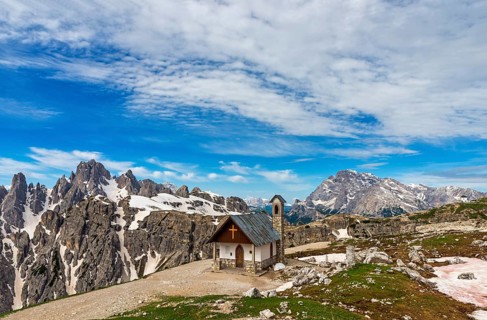 Chapel near Rifugio Auronzo with Cadini di Misurina and Monte Cristallo