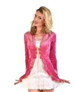 Young blonde woman wearing a pink and white costume