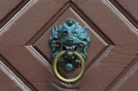 Lion head door knocker on an old door