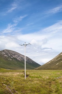 Telegraph pole and cables with Glas Bheinn Mhor at the back