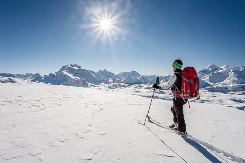 Ski mountaineer during the ascent of Mt Seekofel in the Fanes-Sennes-Prags Nature Park in the Dolomites